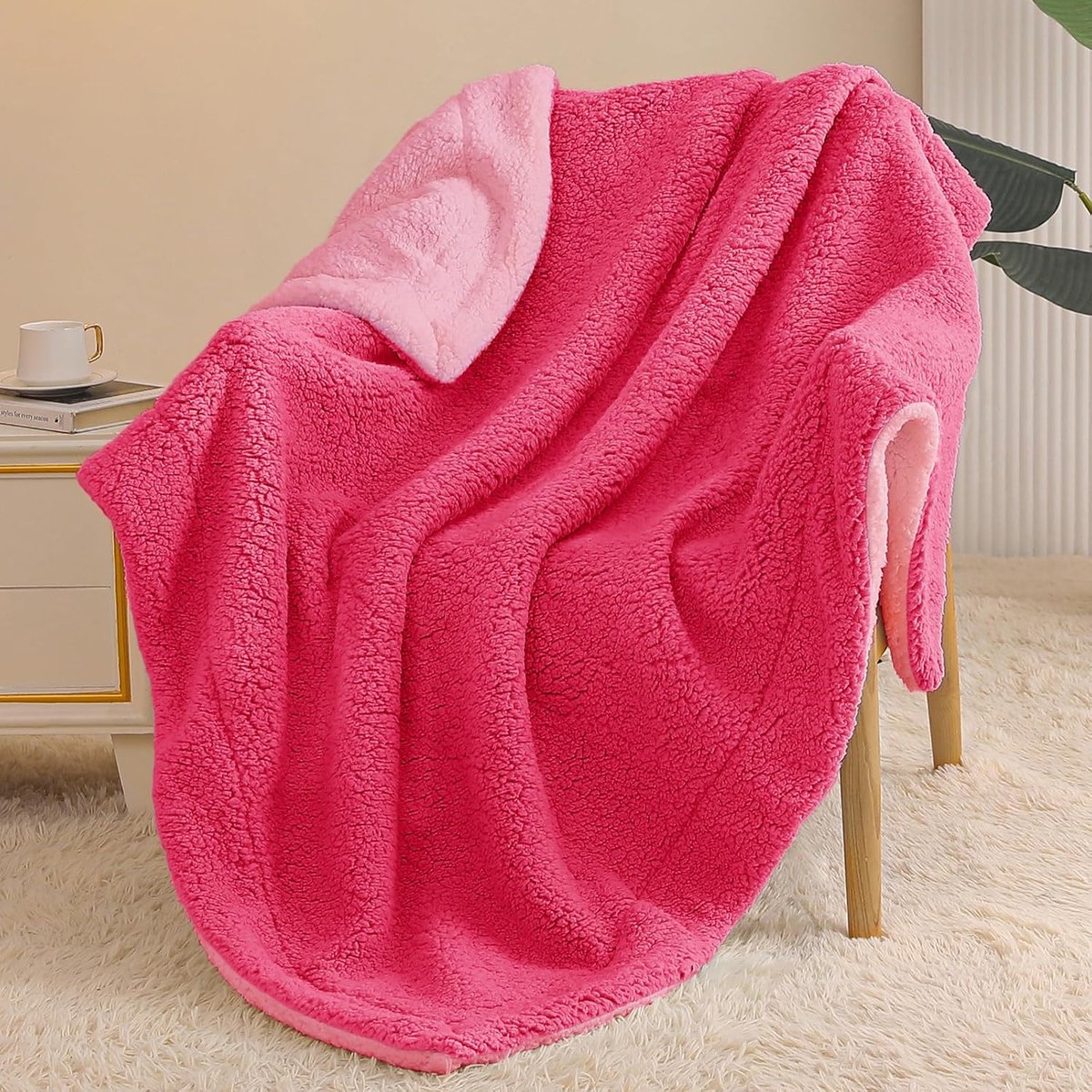 Mezcla Knusse Fleece Deken, Dik en Omkeerbaar, voor Bed en Bank, Warm en Zacht, voor Alle Seizoenen, 130 x 150 cm, Felroze/Lichtroze