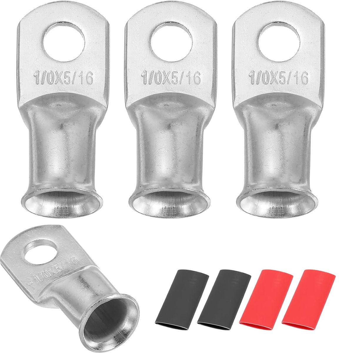 4 stuks ringkabelschoenen voor batterij 1/0 AWG M8, klemconnector voor kabels met krimptang van Studio 5/16 inch 8 mm, koper, krimpkous 2:1, zilverkleurig