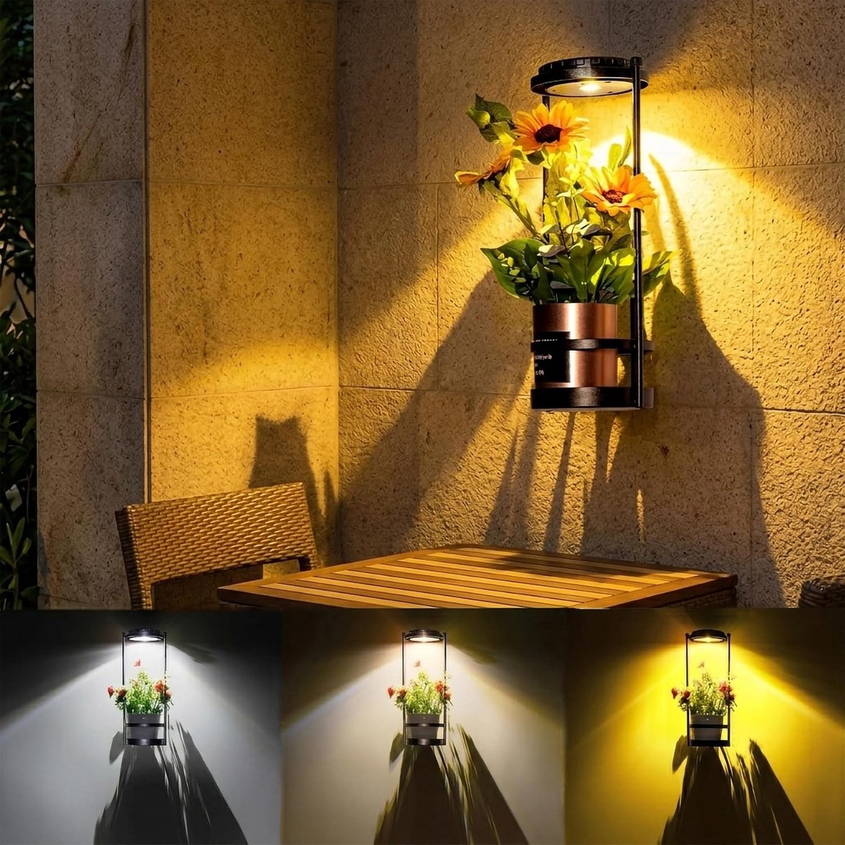 2 stuks plantenstandaard met lichtjes, metalen potstandaard in 2 verlichtingsmodi, modern hangend wandrek voor plantenbakken voor buiten met solarlampen voor tuin