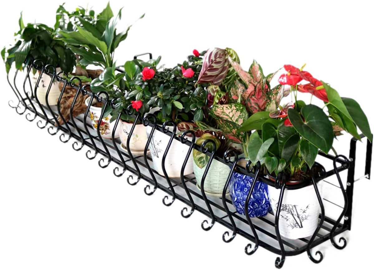 Opknoping Railing Bloem Stand, Smeedijzeren reling Bloem Opbergrek, Plant Stand Bloempot Stand, Balkon Opknoping Bloempot Stand Multifunctionele Vangrail Planting Stand Zwart