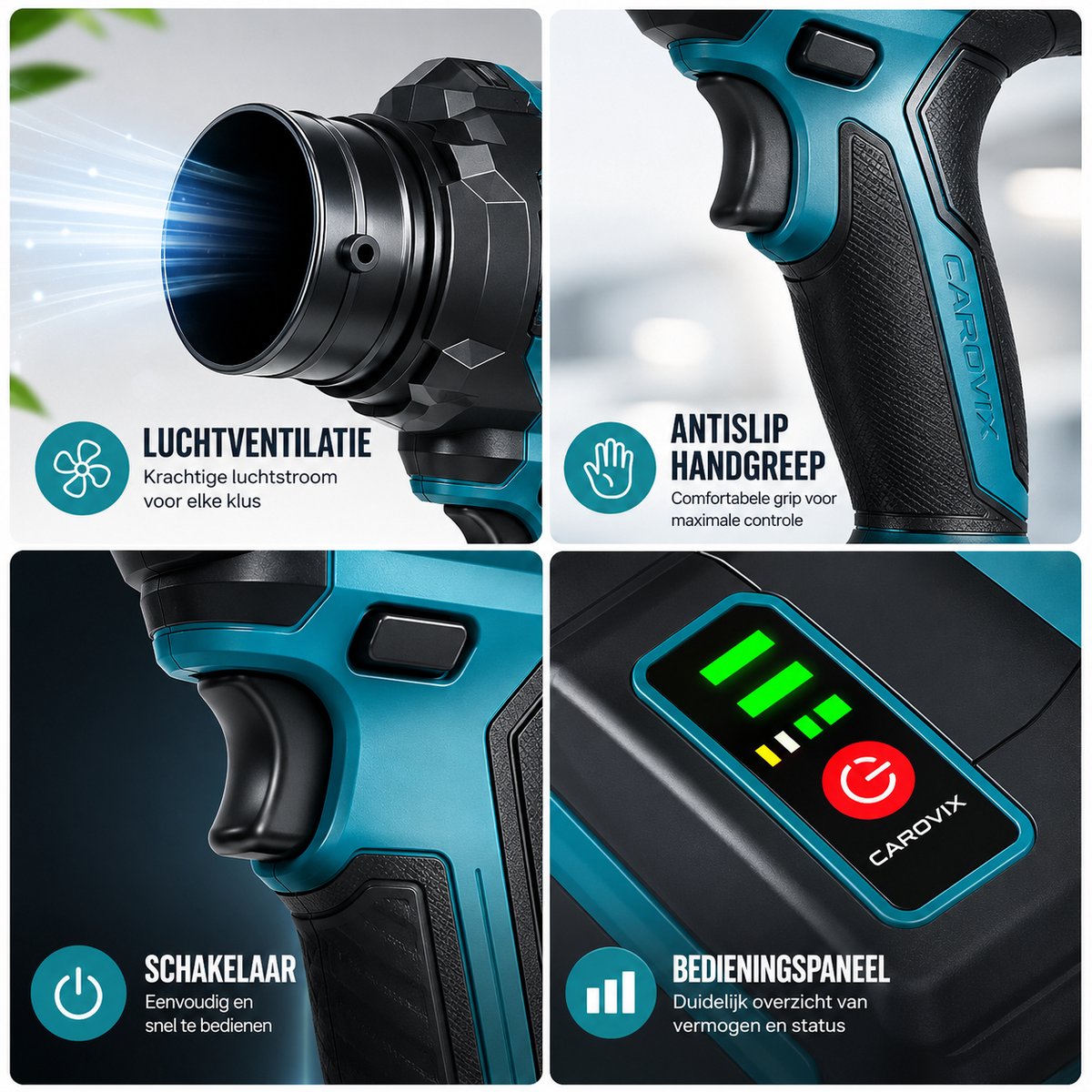 Carovix® Bladblazer op accu - 2-in-1 Accu Bladblazer & Handstofzuiger – Krachtig Blazen en Zuigen - 2 Accu’s - 350km/u Luchtsnelheid - Voor Tuin, Auto & Huis - Handblazer - Draadloze Luchtblazer - Auto Droger - Turbo Ventilator - Stofblazer – foto 6