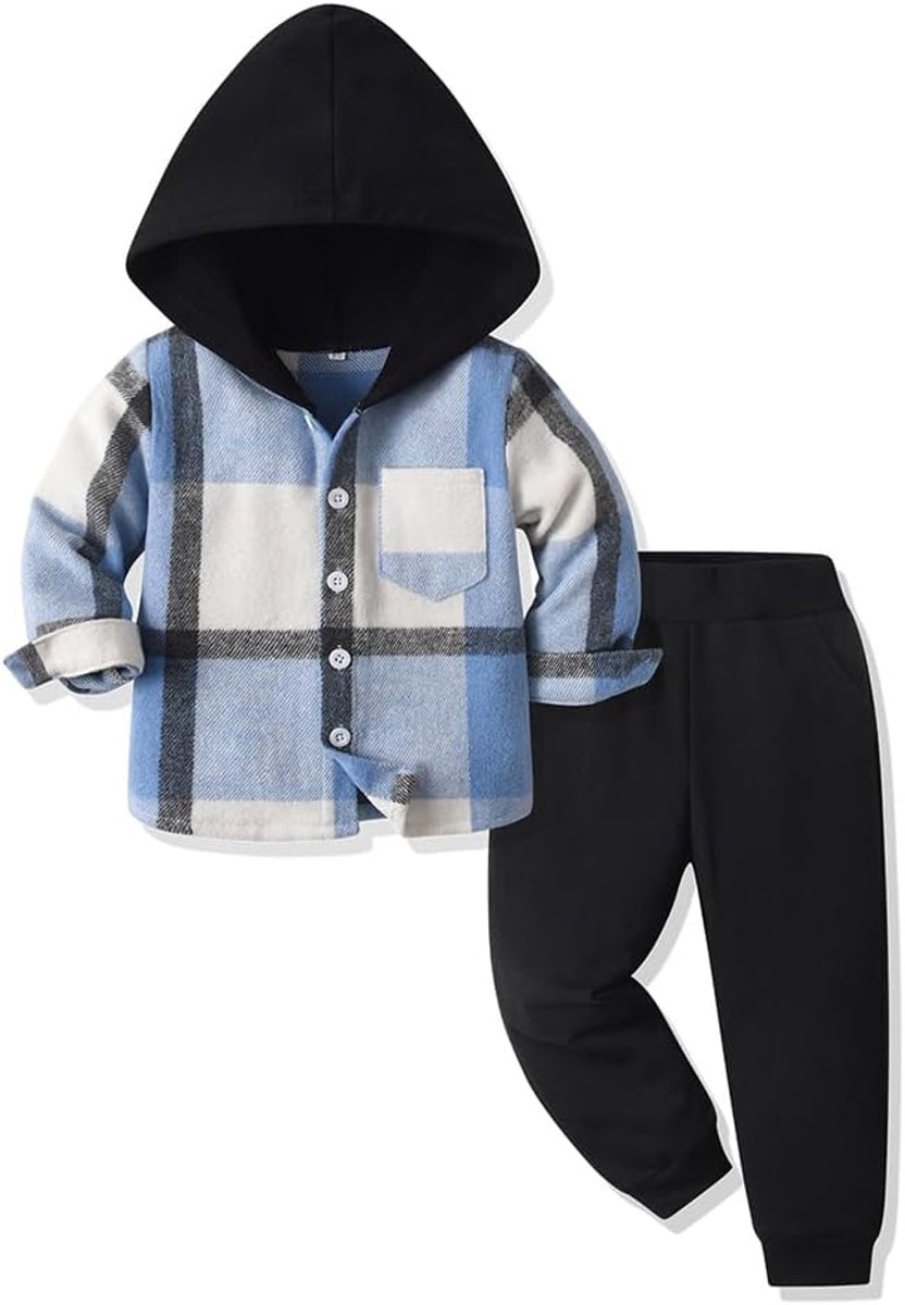 Kledingset voor peuters, baby, jongens, outfit, 2 stuks, katoen, plaid, jongens, hoodie, hemd, top, broek, set, klein jongenspak, kinderen, trainingspak