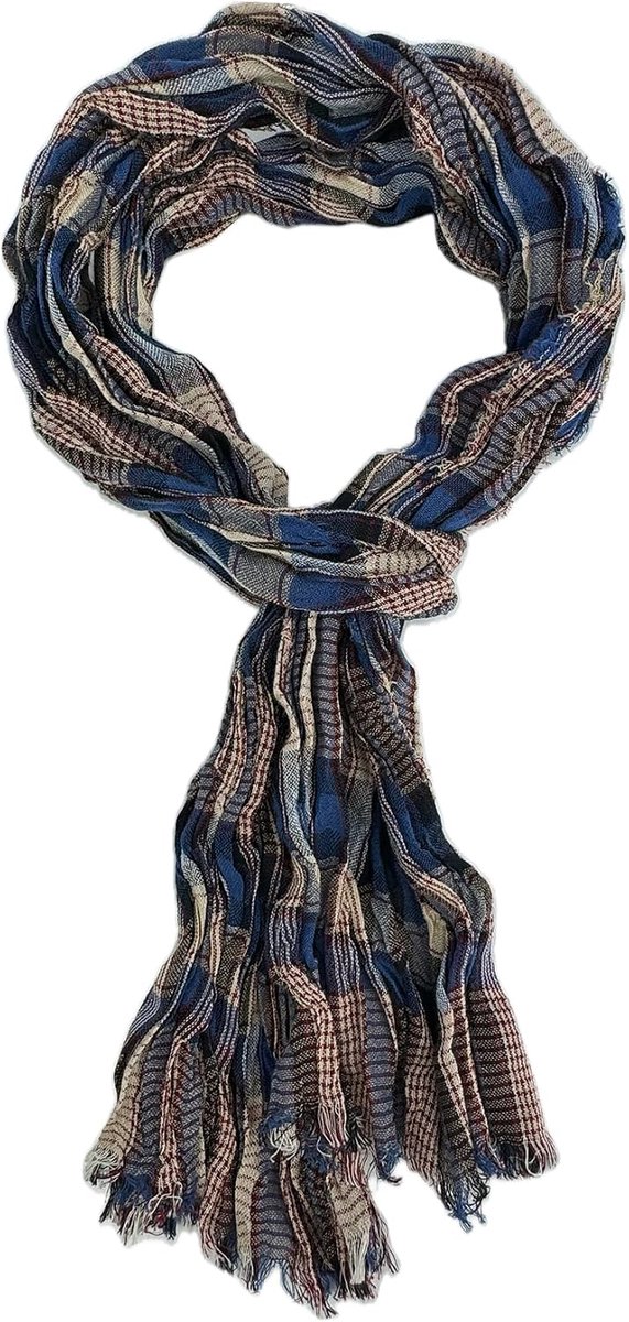 Katoenen sjaal damessjaal herensjaal kreuklook geruit patroon dun in blauw beige rood Made in Germany, blauw beige rood, 180 x 15 cm (L x B)