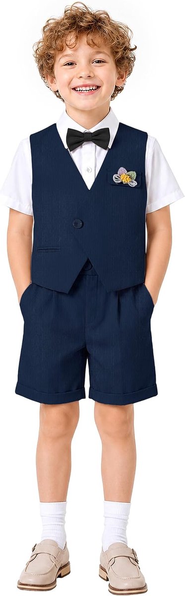 6-delig zomervest voor jongens, kort vest, onregelmatig vest met één knoop, shirt, shorts, vlinderdas, bretels, Boutonniere, 4-11 jaar