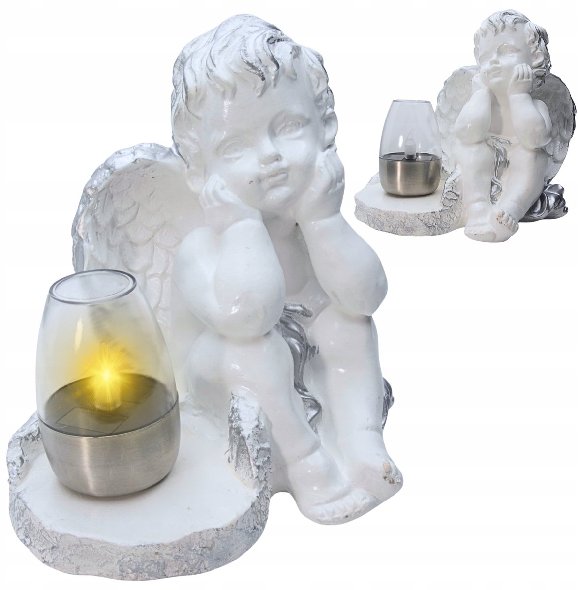 Gipsen Angel met LED Solarlamp - Zilveren Accenten
