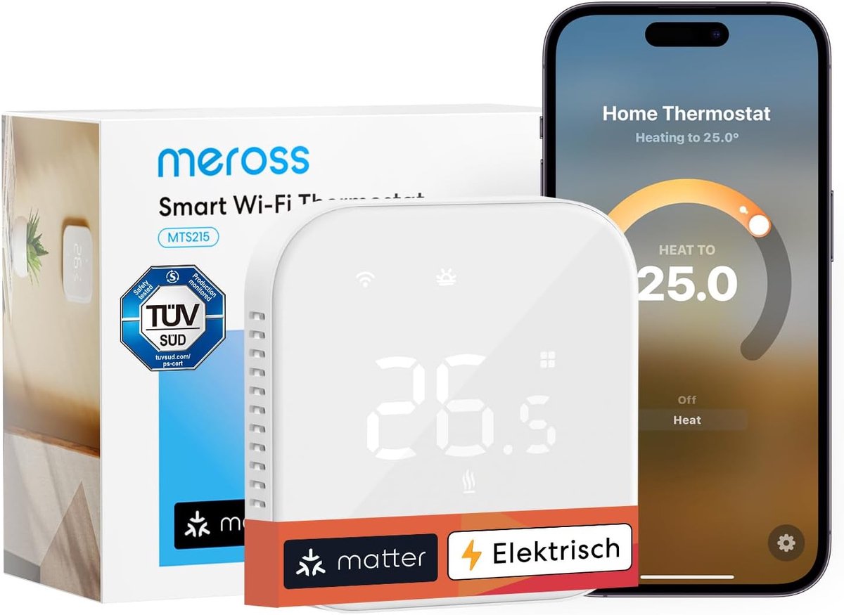 Slimme thermostaat voor elektrische vloerverwarming – WiFi, Matter, spraakbediening, 16A, LCD touchscreen