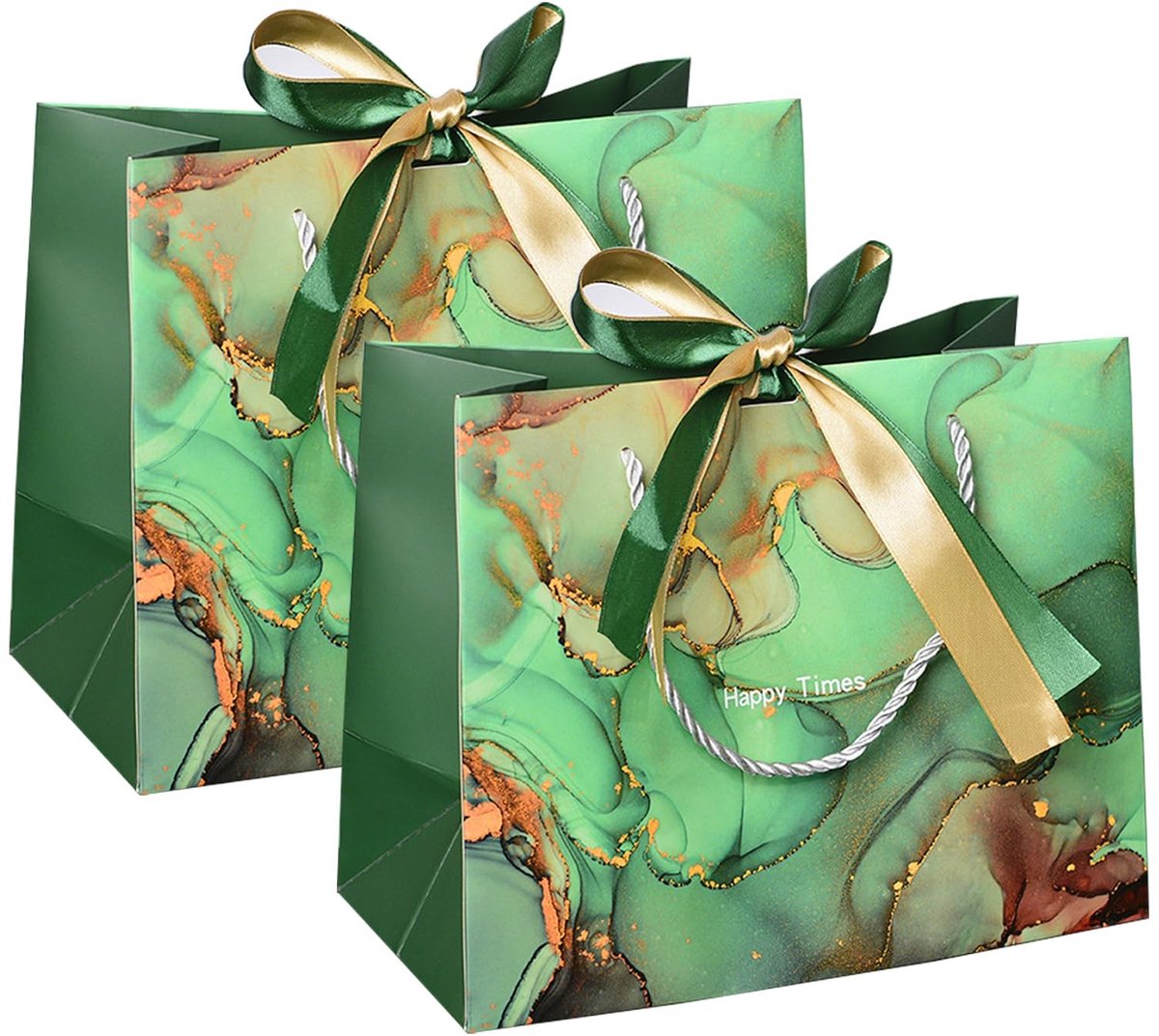 SolidKeus - Set van 2 Luxe Cadeau Tassen met Lint (Groen Marmer)
