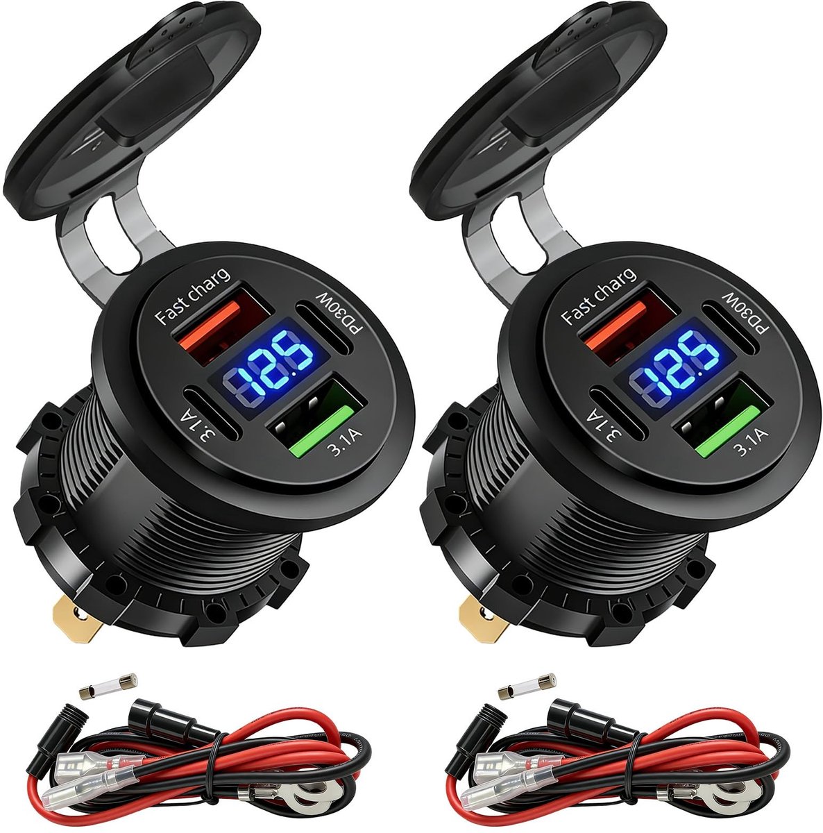 SolidKeus - 12V USB Oplaadpunt met 4 Poorten en Digitale Voltmeter