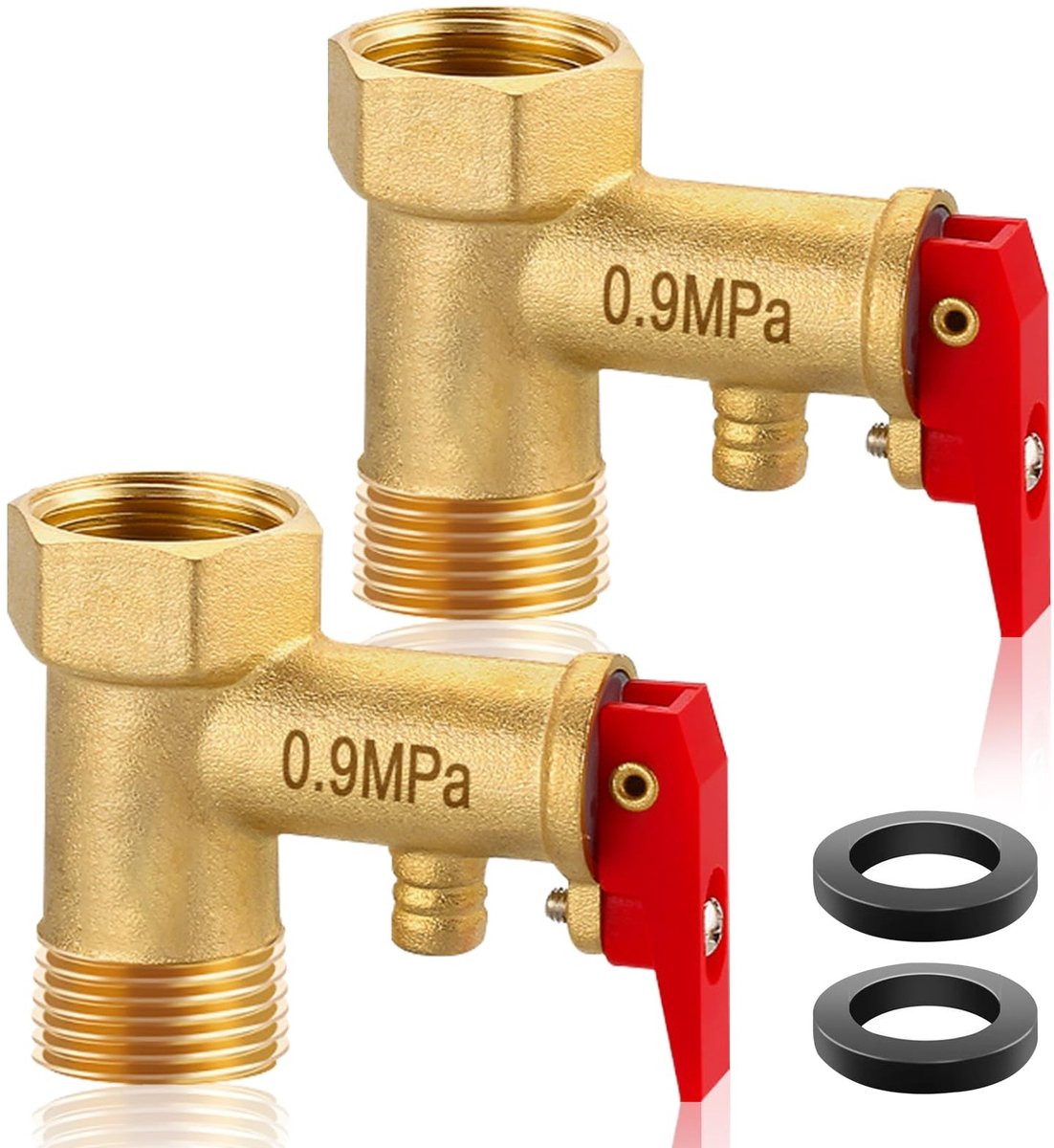Dailygoods- Veiligheidsventiel 1/2 inch - Messing - Drukbegrenzingsventiel - Overdrukventiel - 2 Stuks - Bestand tegen 9 bar en 180°C - Drukventiel