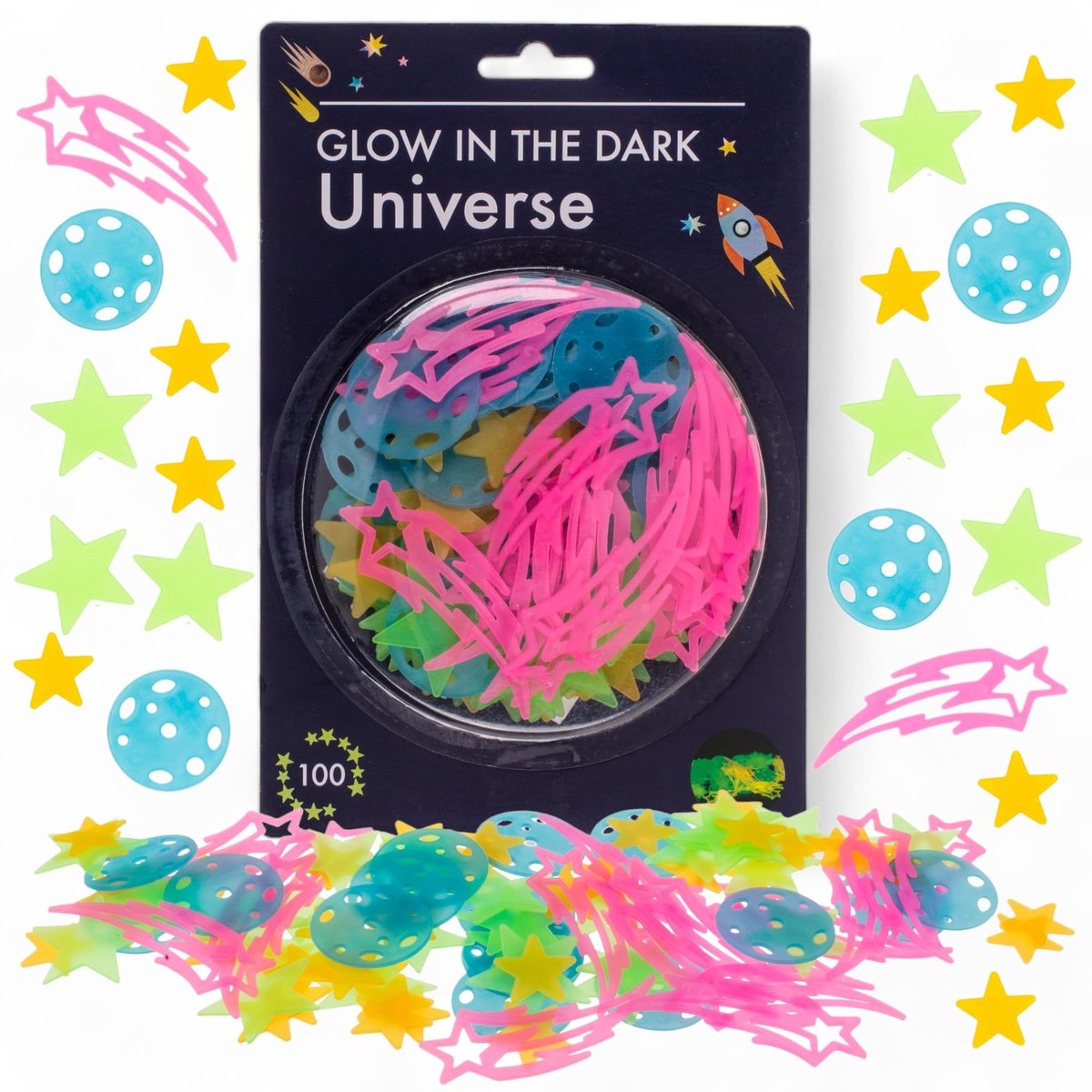 Dailygoods- Muurstickerset 100-delig - Lichtgevende Sterren/Planeten - Neonkleuren - Kleefpunten - Voor Kinderkamer - Veiligheidswaarschuwing - Wanddecoratie