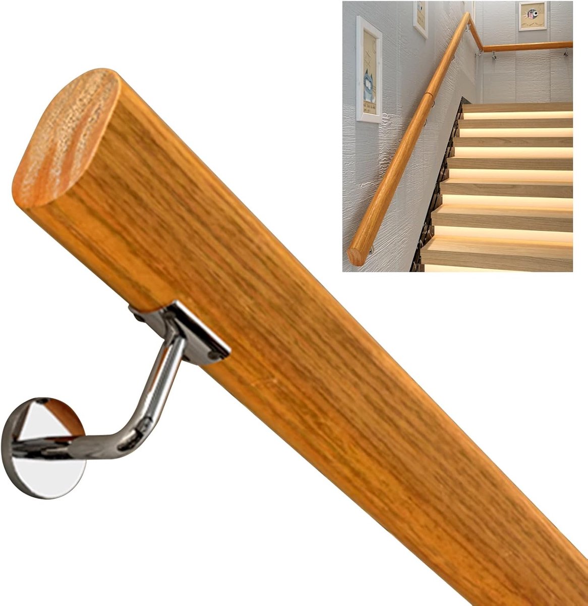 Houten Leuning - Muursteun - Veilig Traplopen - Natuurlijk Hout - 80cm - Natuurlijk