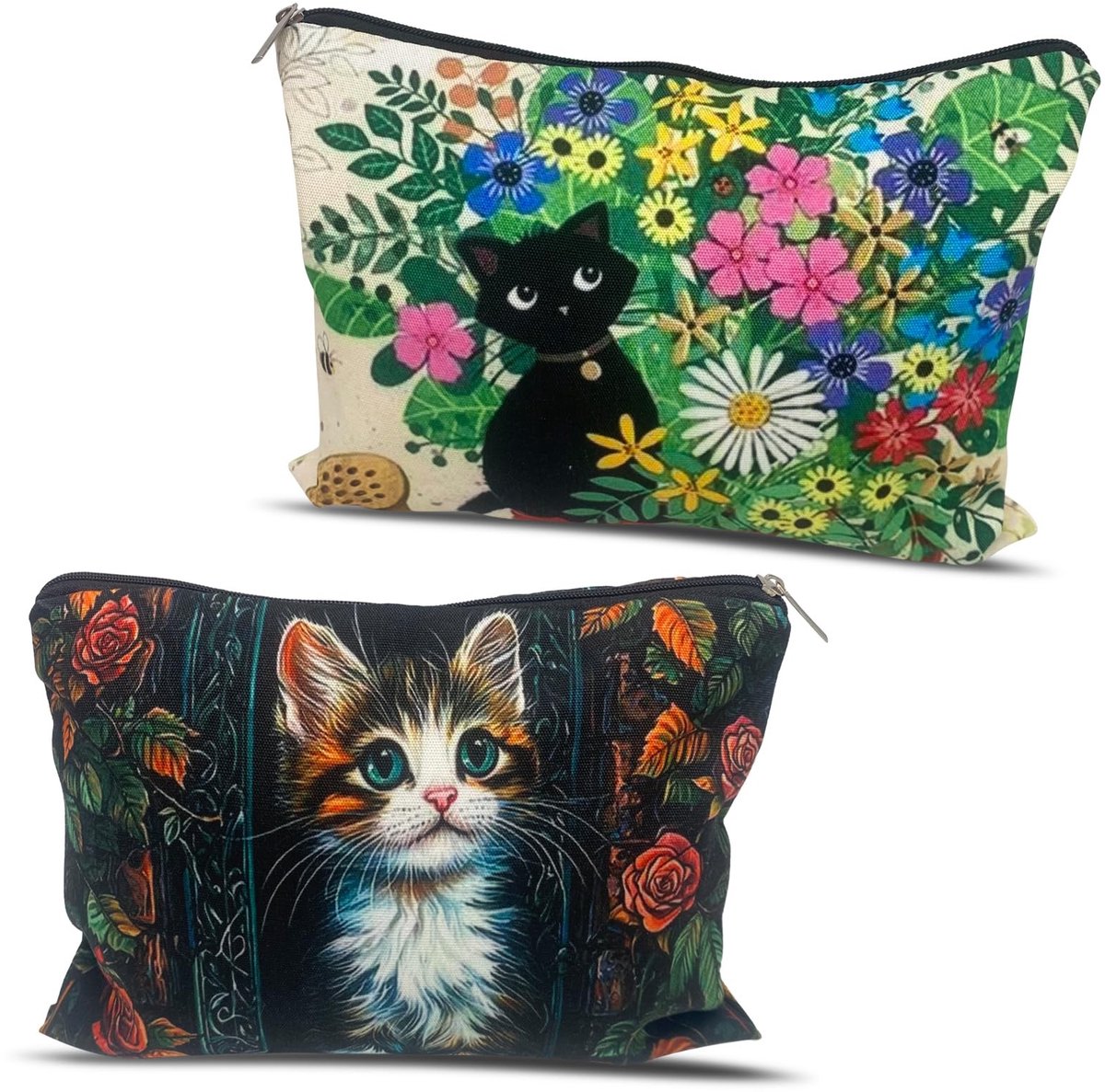 Dailygoods - 2-delige schattige kattenmake-uptas, cadeau voor vrouwen, meisjes en vriendinnen die kattenliefhebbers zijn, biedt ruimte voor make-upkwasten, make-up-toolset, toilettas