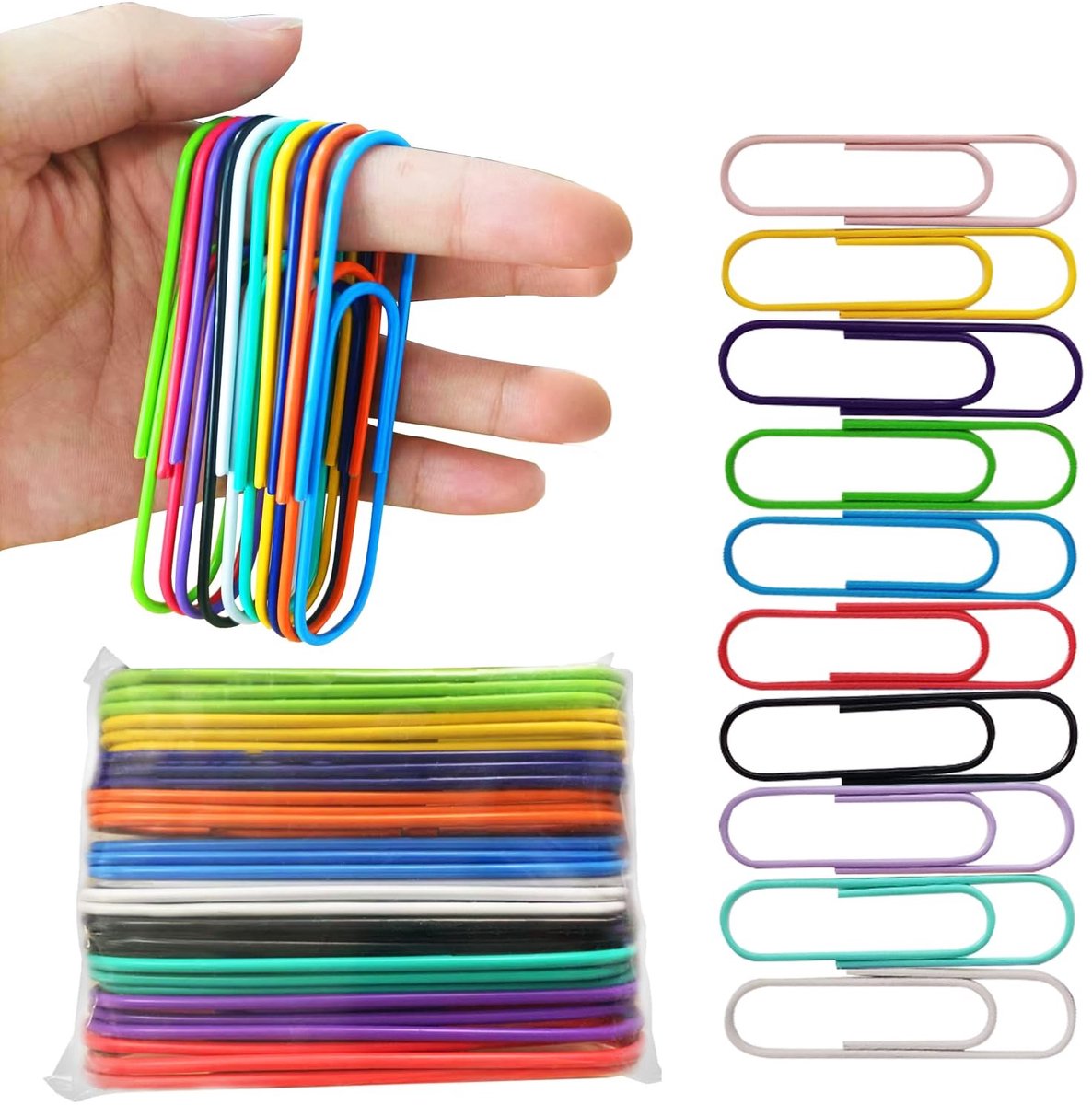 Dailygoods - Kleurrijke paperclips, groot, 30 stuks, heldere vinylcoating, jumbo paperclips voor papier, school, kantoorbenodigdheden, 10 cm