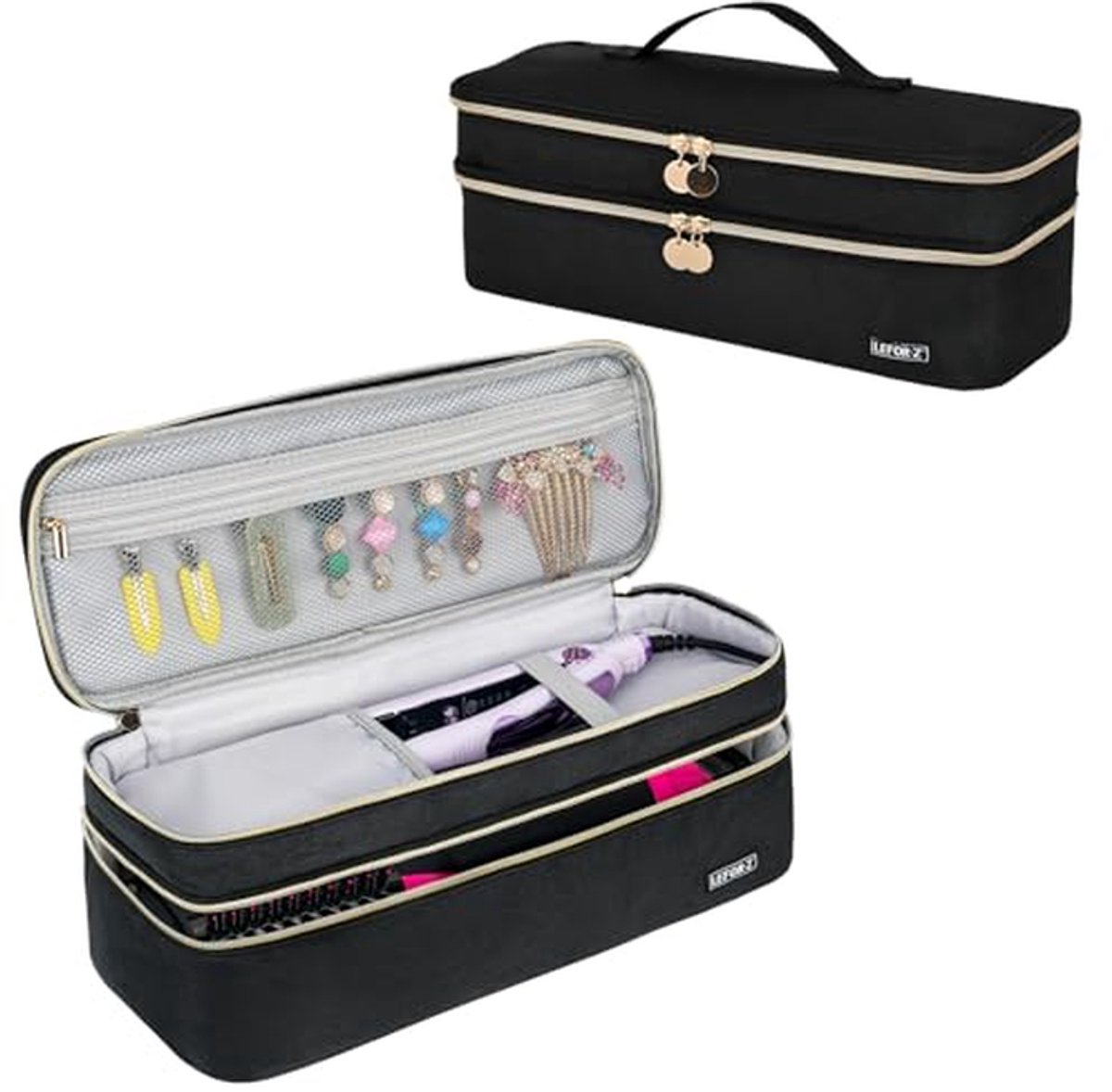 Reis Etui - Opbergtas - Haardroger Opbergen - Dubbele Laag - 39 cm - Zwart