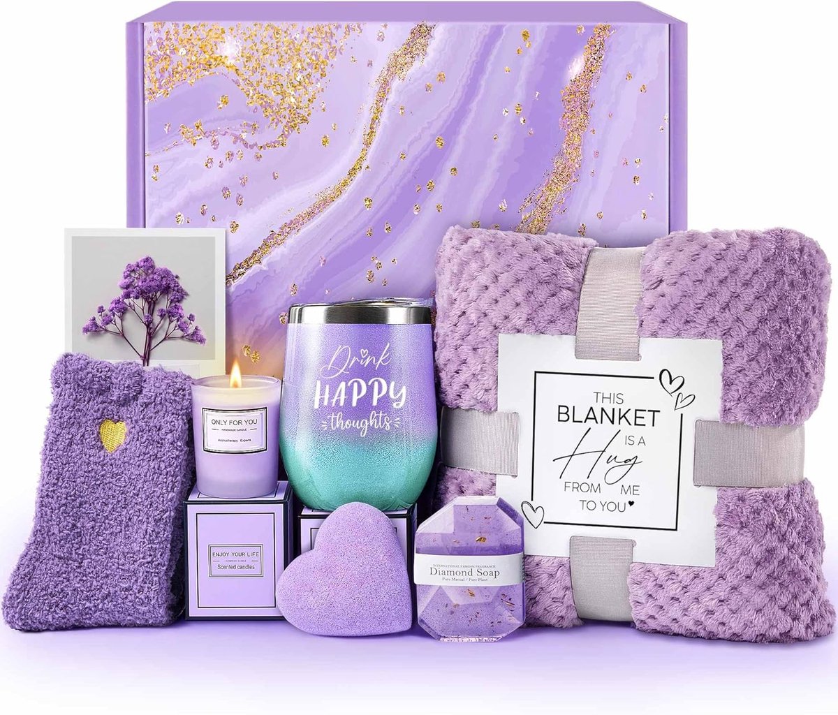 Verzorgingspakket - Geschenkdoos - Ontspanning schenken - Luxe flanellen deken - 8 Delig - Multicolor