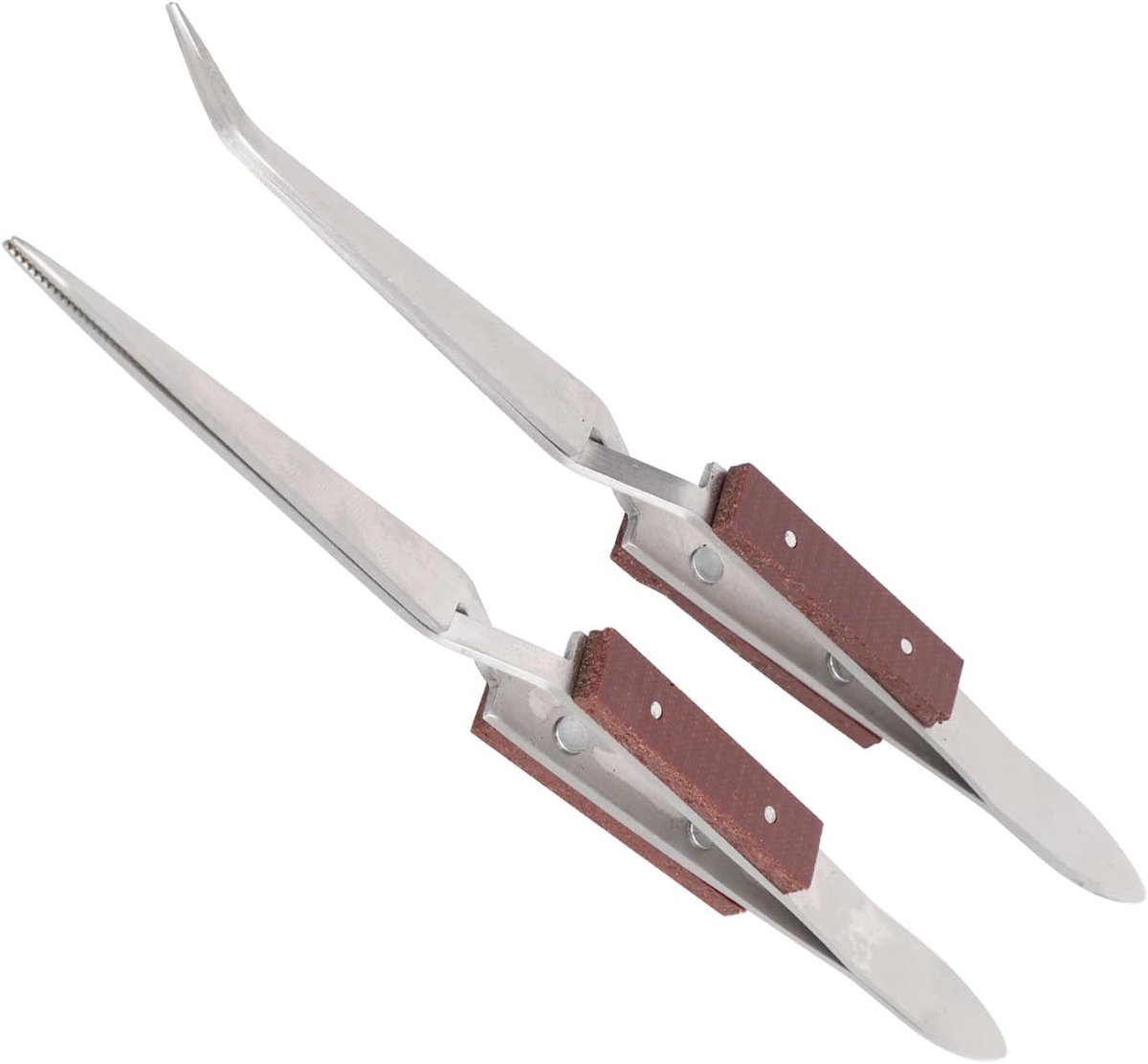 Solderen Pincet Set - Gebogen Rechte - Klusjes Reparatie - Houten Handvat - 2 Stuks - Bruin