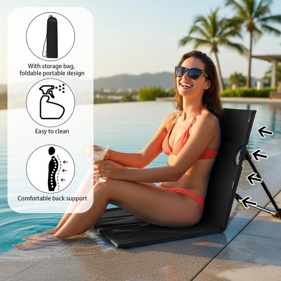 1-delige set - Strandmat met rugleuning - Strandstoel met rugleuning - Opvouwbare strandstoelmat - Draagbare strandstoel - Opvouwbare vloerstoel - Inclusief opbergtas - Geschikt voor strand, kamperen, enz. - 68*39,5 cm - Zwart — afbeelding 3