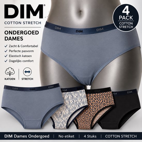 Lot de 4 culottes Dim pour femmes avec différents imprimés : gris, graphique, léopard et noir.