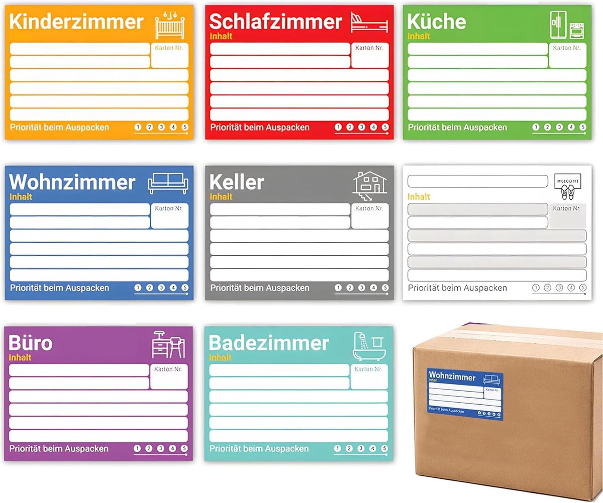 Verhuisetiketten - Doos stickers - Verhuizing organiseren - 8 Kleuren - 15x10cm 80 stuks - Multicolor
