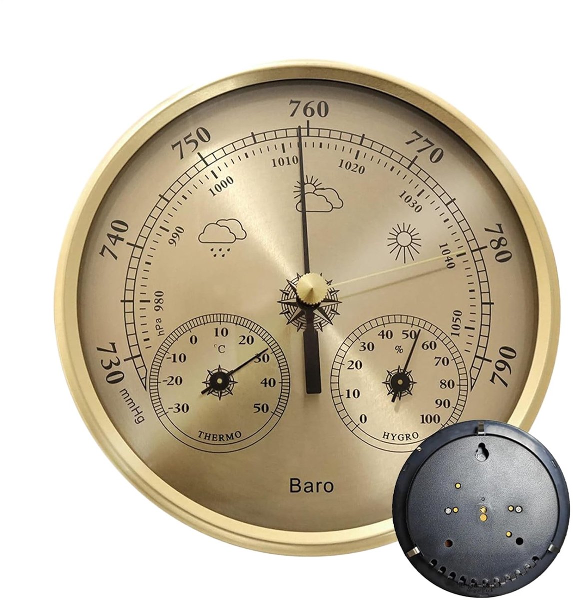 Weerindicator Analoog - Barometer Vochtigheid - Buiten Activiteiten - Duurzame Metaalconstructie - 130 mm Wijzerplaat - Zilverkleurig