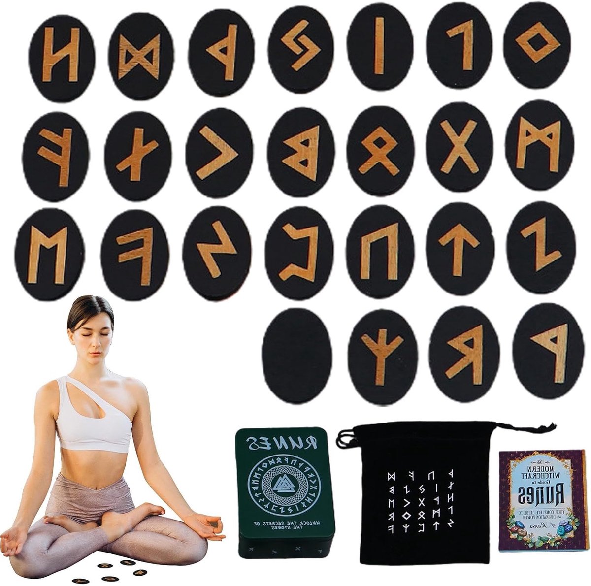 Runen Set Hout - Orakelstenen Waarzeggerij - Spirituele Oefening - Handgesneden Details - 7 x 9.5 x 3.5 cm - Zwart