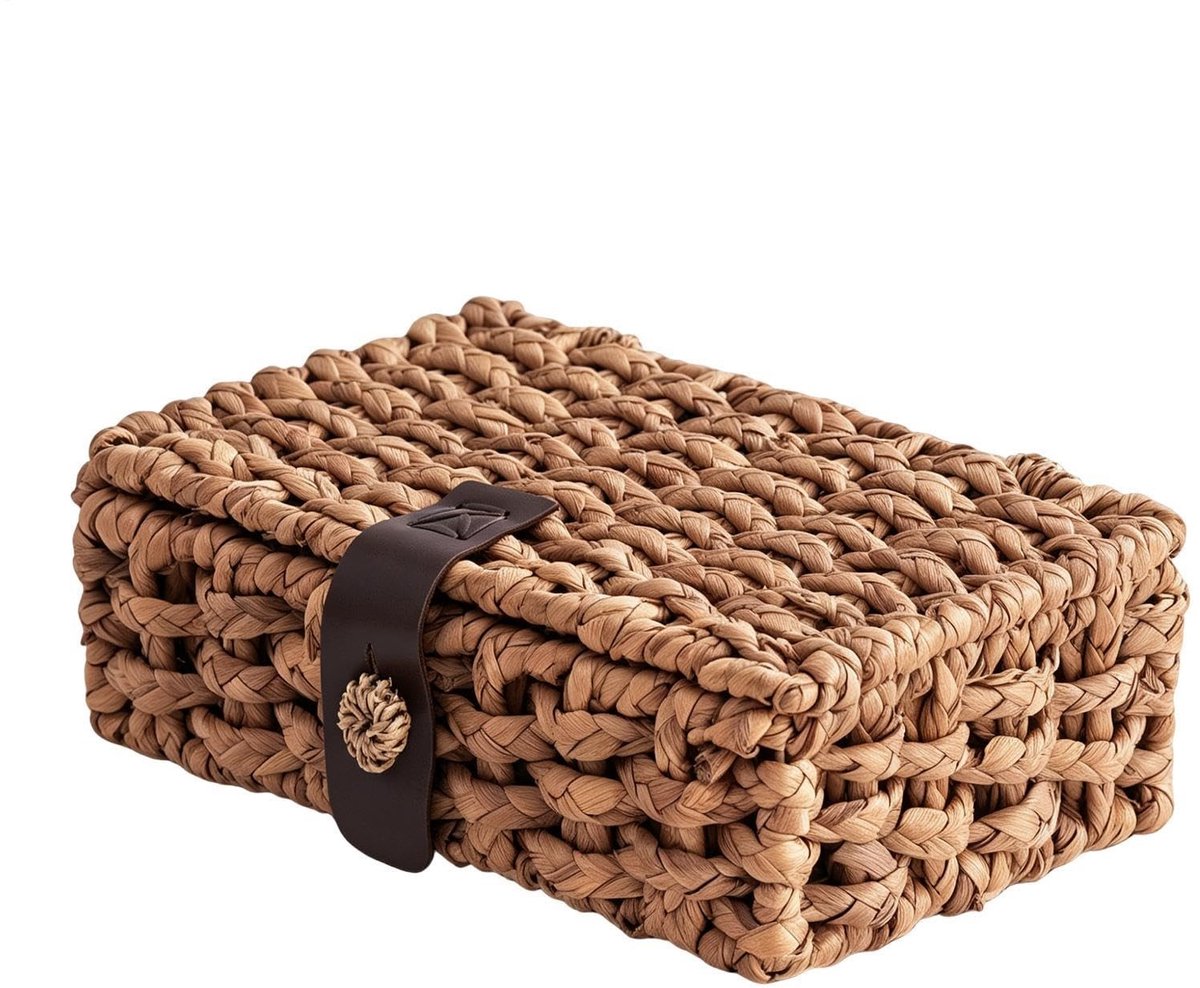 Dailygoods- Mand Natuurlijke Waterhyacint - Opbergmand met Deksel - Rechthoekige Organizer - Vintage Mand - Stofdicht - Voor Kleding/Toiletartikelen