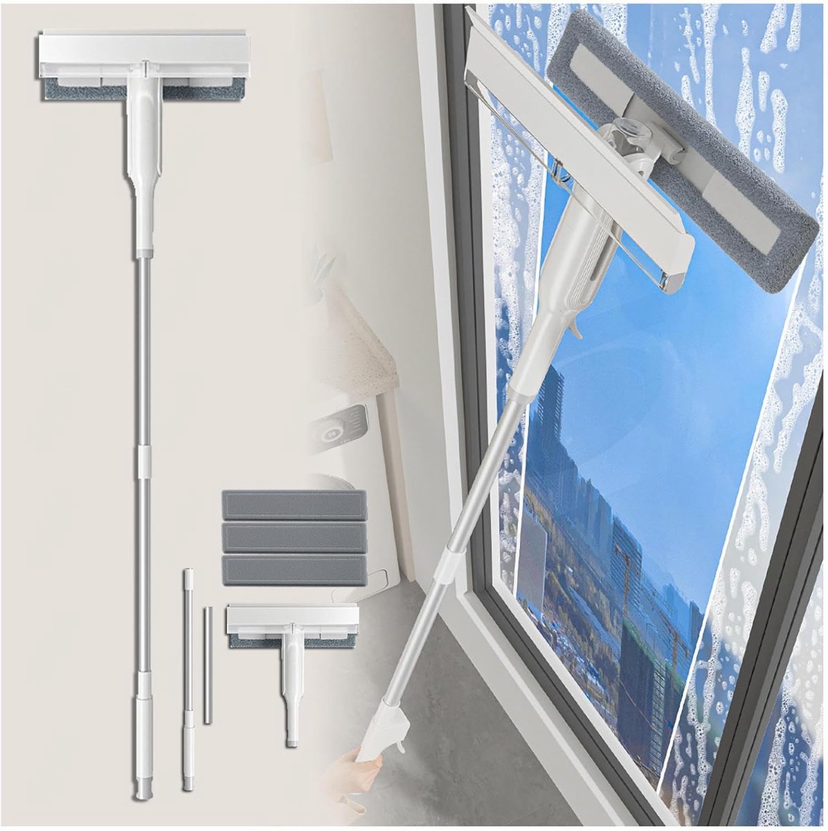 Raamwisser set - Glasreiniger tool - Ramen schoonmaken - 4-in-1 ontwerp - 132 cm verlengbaar - Grijs
