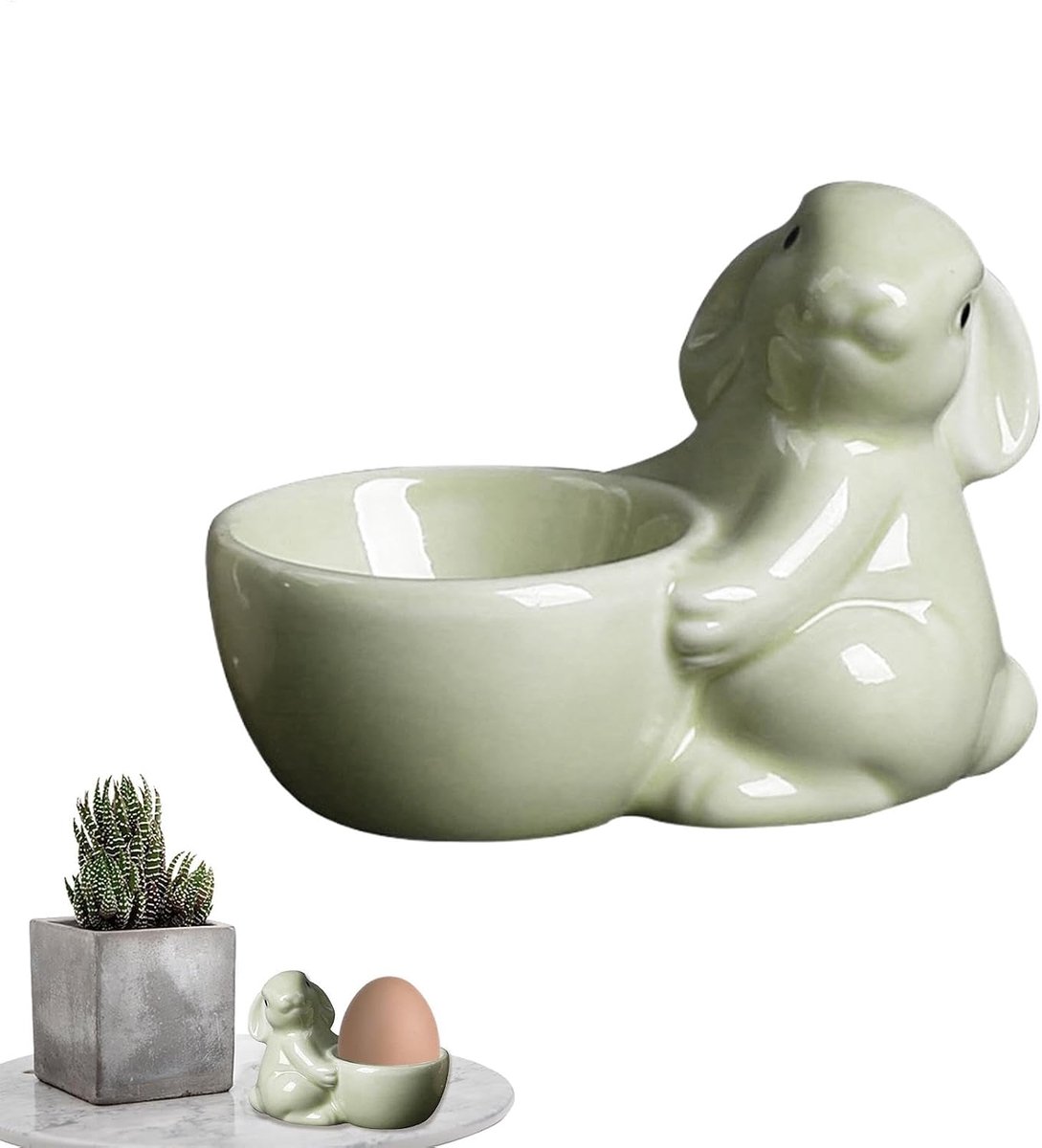 Keramische eierbeker - Paashouder konijn - Ontbijt serveren - Stijlvol decoratief - 11 cm breed - Groen