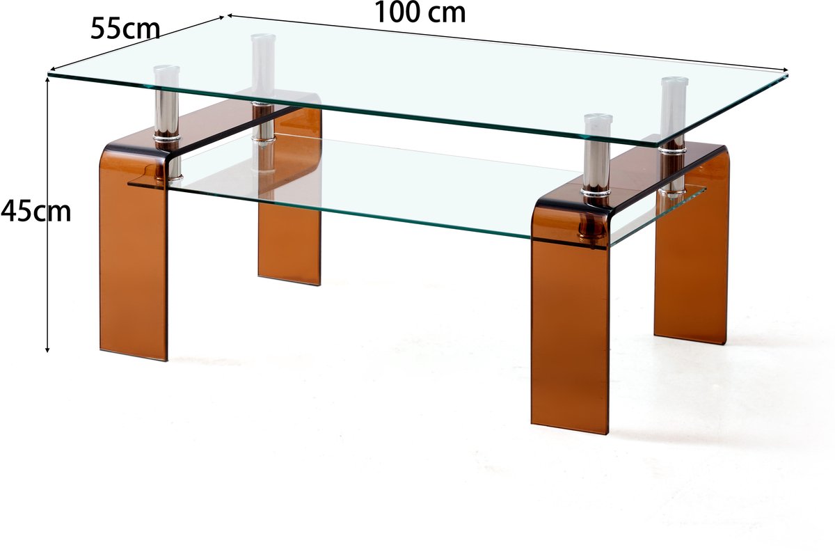 YYchan glazen salontafel van gehard glas met glazen poten - bruin - 100 x 55 x 45 cm