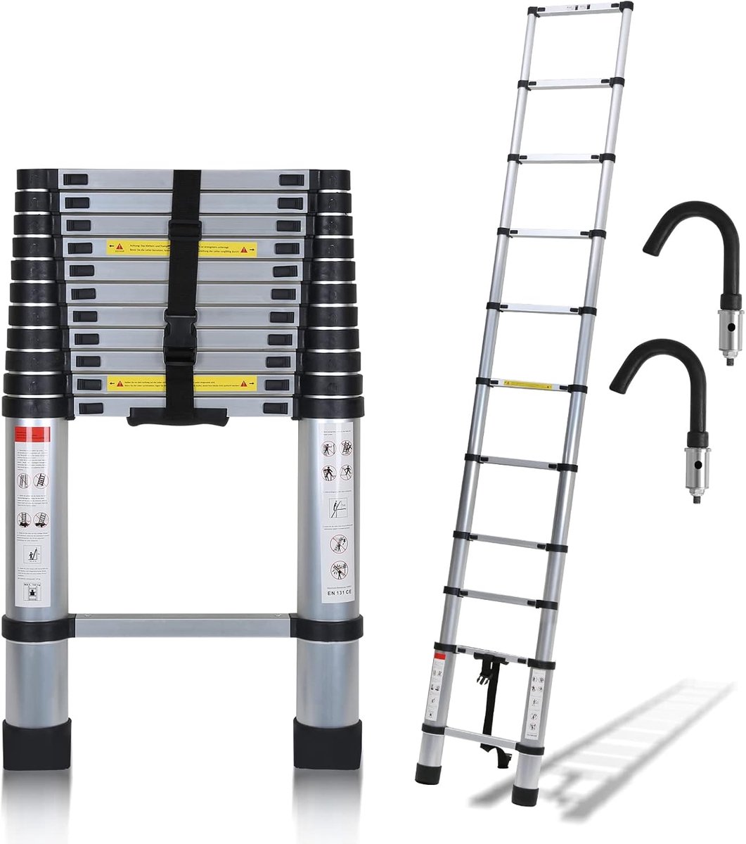 Telescoopladder - Uitschuifbare ladder - Klus en onderhoud - Afneembare haken - 26 meter - Zilver