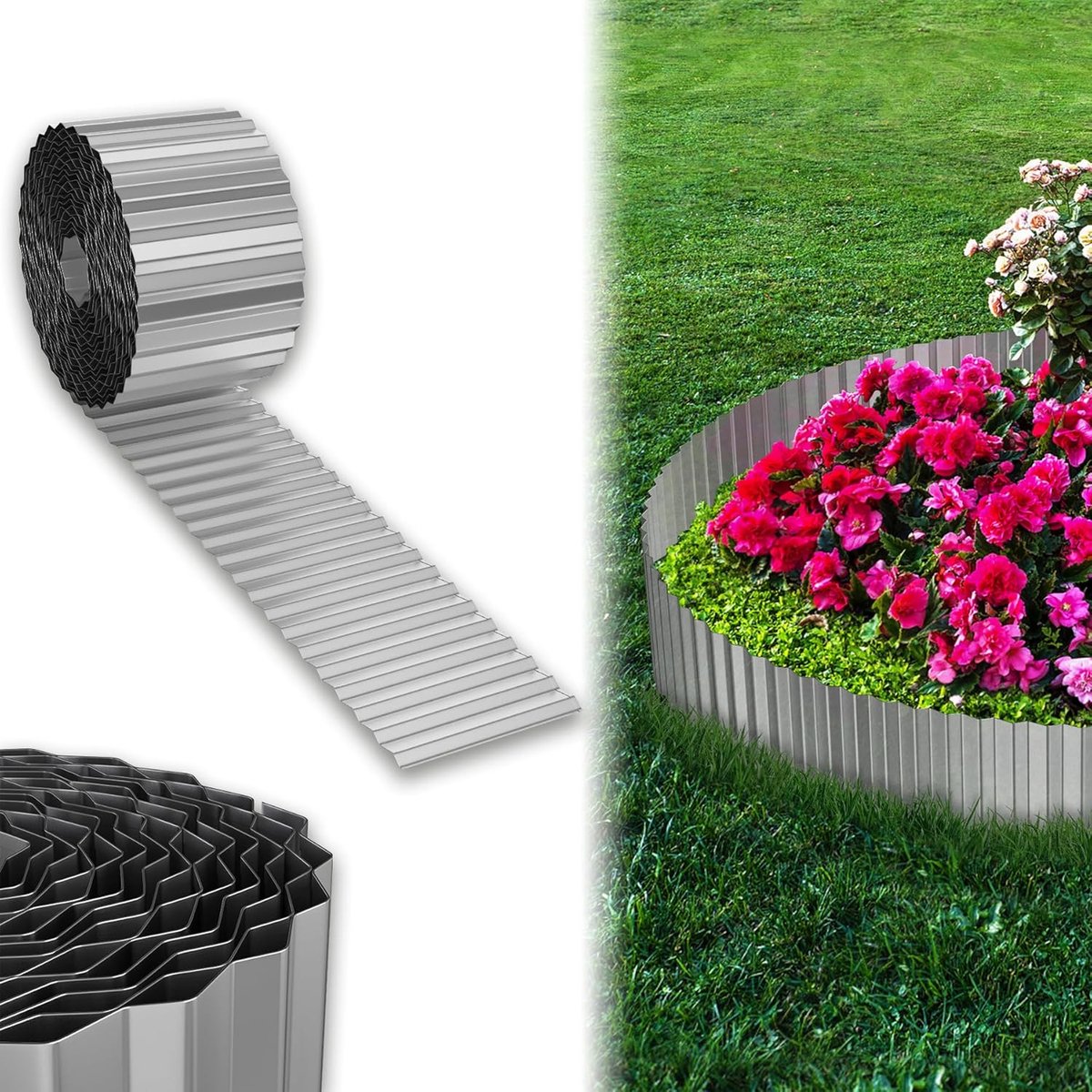 Grasrand Metaal - Bloembedbegrenzing Tuin - Tuin Afbakenen - Flexibel Wortelblokkering - 10 Meter - Zilver