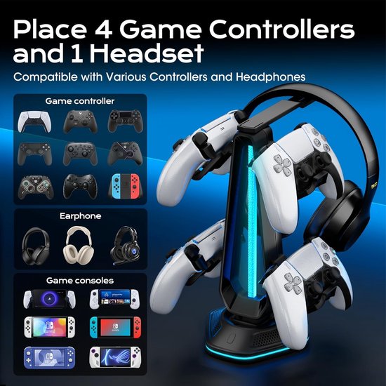 Controllerhouder Hoofdtelefoonstandaard - Gaming Accessoire - Bureau Organisatie - 9 RGB Lichtmodi - 4 Controllers 1 Headset - Zwart — afbeelding 5