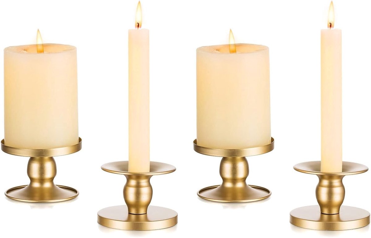 Kandelaars Metaal - Kaarshouders Set - Tafel Decoratie - Dubbel Ontwerp - Set van 4 - Goud