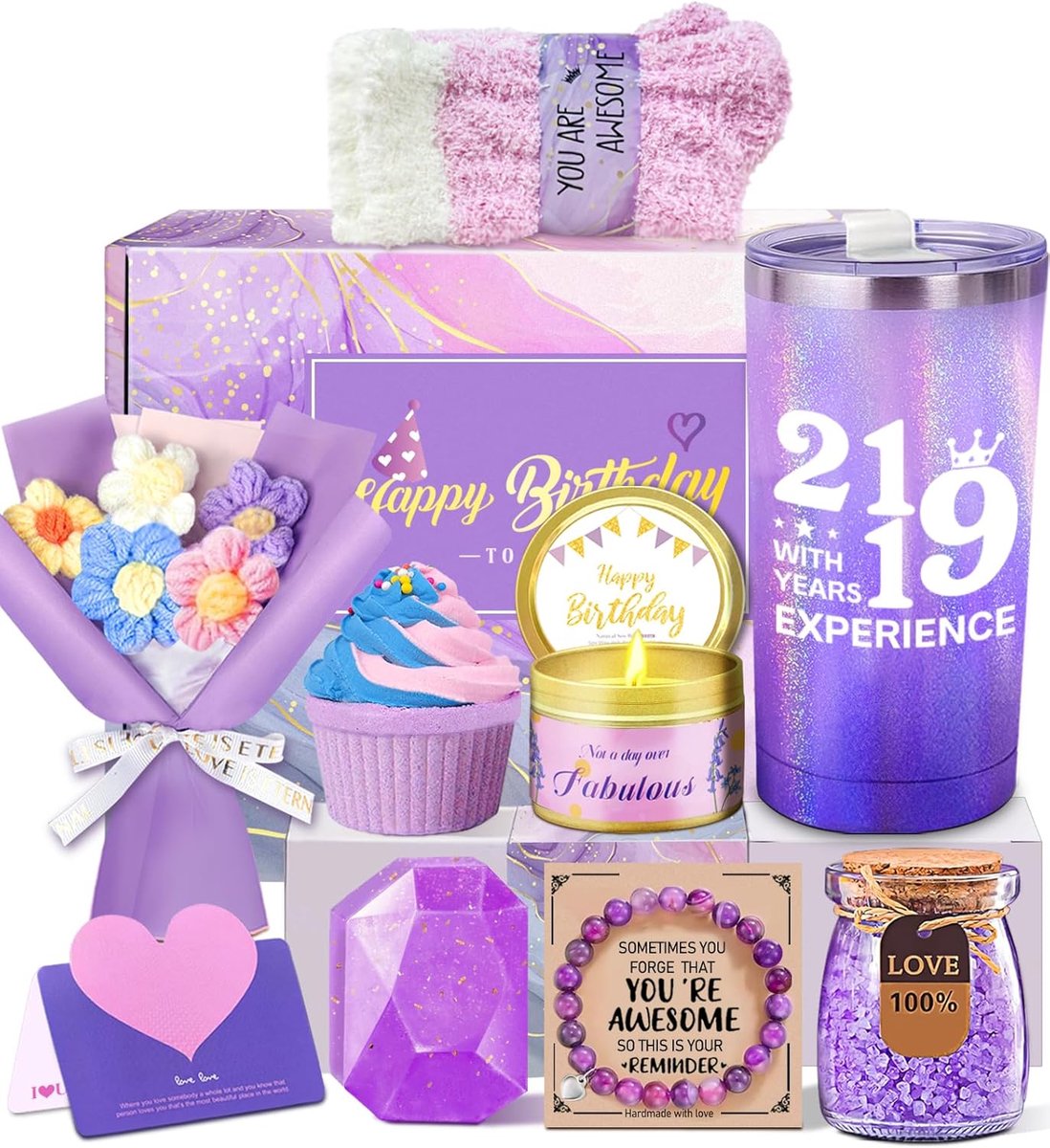 Verjaardagscadeau Set - Cadeaubox Vrouw - Verjaardag Vieren - 10 Delige Spa Set - 20oz Tumbler - Paars