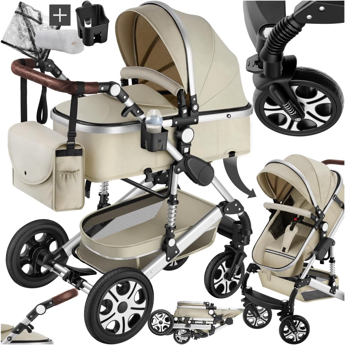 Combi Kinderwagen - Buggy Pram - Baby Vervoer - 360° Zwenkwielen - 0-36 Maanden - Grijs Beige