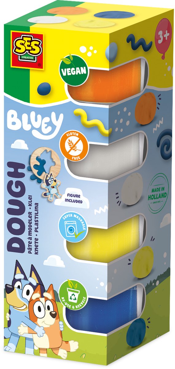 SES Creative Bluey - Klei 4 x 90 g - Knutselen - Vegan & Glutenvrij - Herbruikbaar - Voor Kinderen Vanaf 3 Jaar - 4 Kleuren - 1 Uitsteekvorm