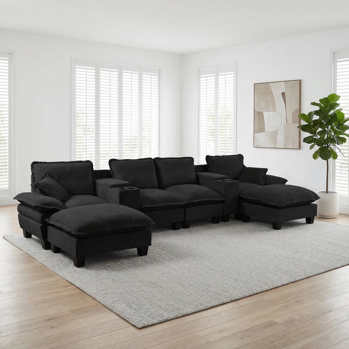MIVRAY U-Bank 392x151x90 Cm - Modulaire Opbergbank Met USB En Bekerhouders - Voor Woonkamer En Appartement - Chenille Zwart