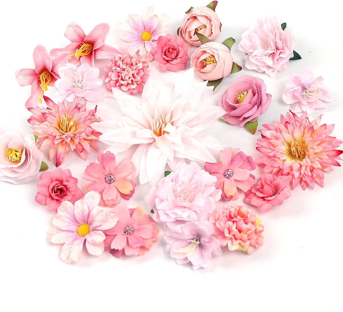 Dailygoods- Kunstbloemen 24 Stuks - Kunstbloemkoppen Mix - Roze Decoratie - Ideaal voor Bruiloft - Knutselen/Scrapbooking - Realistisch Uiterlijk - Nep Bloemen