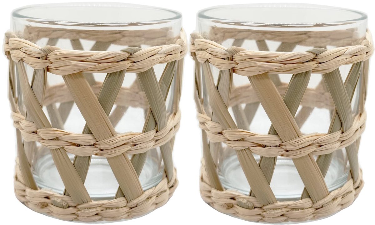 Dailygoods - Rotan Geweven Theelicht Kaarsenhouder Set van 2 - Natuurlijke Zeegras Hand Ge