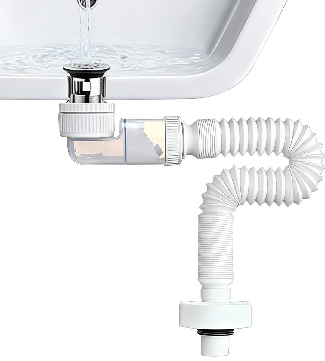 Dailygoods- Sifon 1 1/4 inch - Ruimtebesparende Sifon - Flexibele Afvoerslang - 360° Draaibaar - Geurafsluiting - Uittrekbaar Ontwerp 380-930 mm - Afvoersysteem