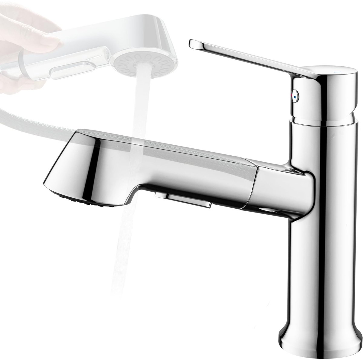 Dailygoods- Wastafelkraan met uittrekbare douchekop - 2 waterstraal modi - Hoogglanzend chroom - Eenvoudig te reinigen - Comfortabele knoppen - Badkamerkraan