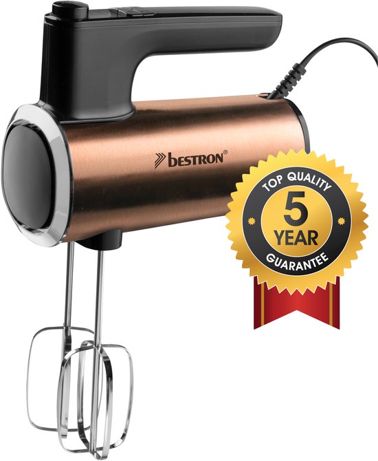 Bestron handmixer in koperkleur met zwarte handgreep. Met 'Top Quality 5 Year Guarantee' sticker.