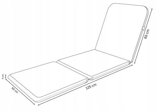 Grijze ligstoelkussens van 125 cm lang, 60 cm breed en 4 cm dik.