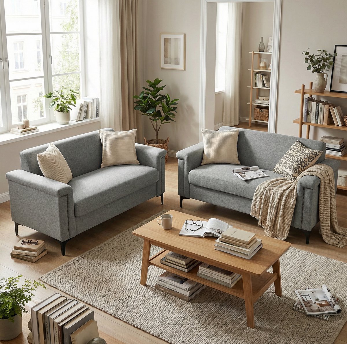 DESMIU Bankstel 172 cm - Tweedelige 2-Zits Set Met Zachte Stoffen Bekleding - Voor Woonkamer, Appartement En Kantoor - Polyester Lichtgrijs
