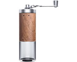 Koffiemolen RVS - Handmolen Koffie - Verse Koffie Zetten - Houtnerf Detail - 18 cm Hoog - Zilver