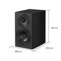 Zwarte Wharfedale Diamond 12.1i boekenplankspeaker met afmetingen: 180 mm breed, 250 mm diep, 312 mm hoog.