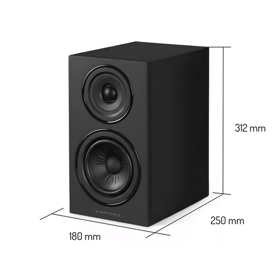 Zwarte Wharfedale Diamond 12.1i boekenplankspeaker met afmetingen: 180 mm breed, 250 mm diep, 312 mm hoog.