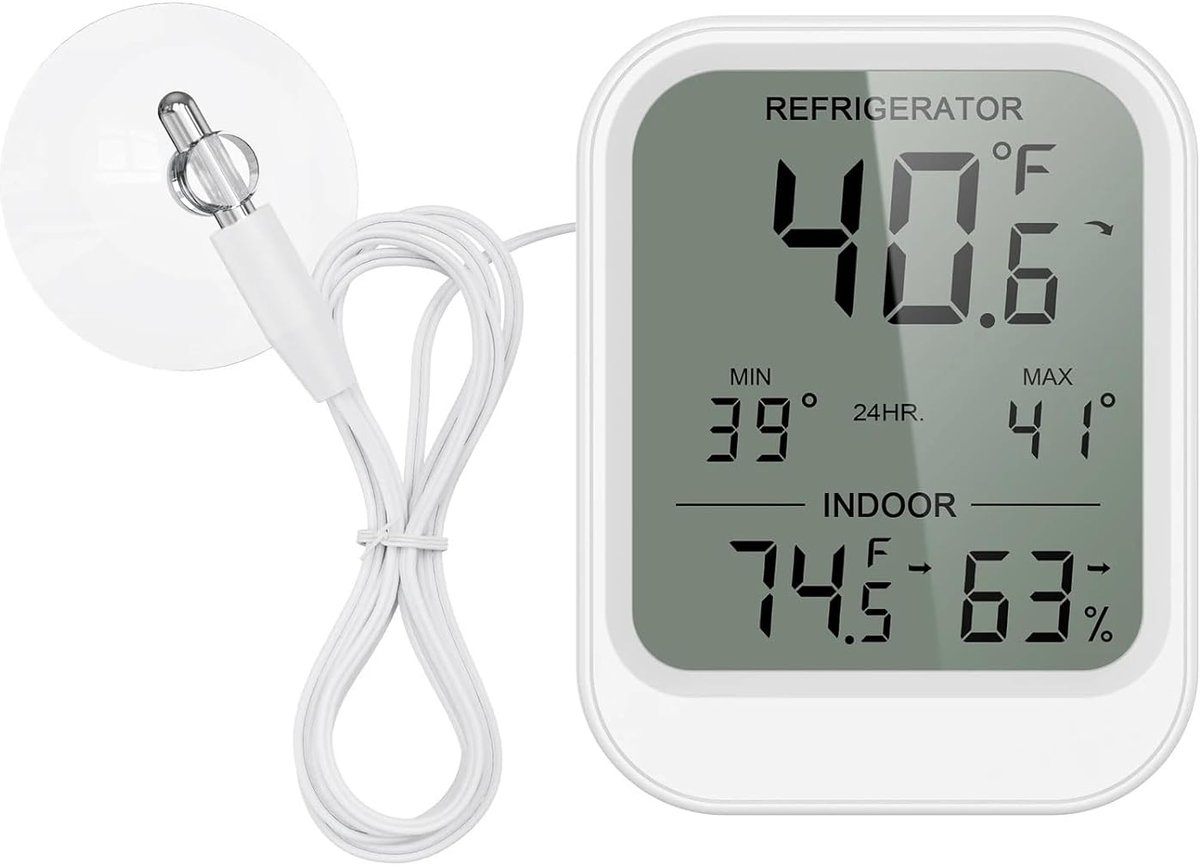 Koelkastthermometer met sonde - Digitale hygrometer monitor - Temperatuur bewaken - Waterdichte sonde 1.5m - 3 inch LCD - Zwart