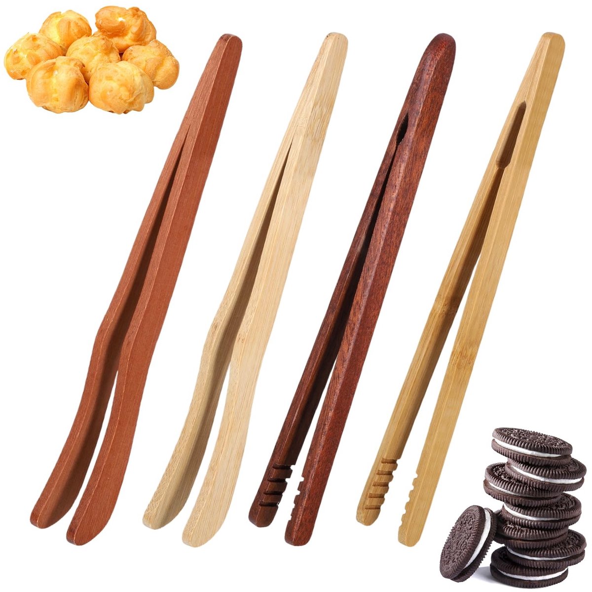 Dailygoods- Broodrooster Tang Herbruikbaar - Bamboe Keukengerei - Antislip - Multifunctionele Kooktang - Set van 4 - Compact - Keukentangen
