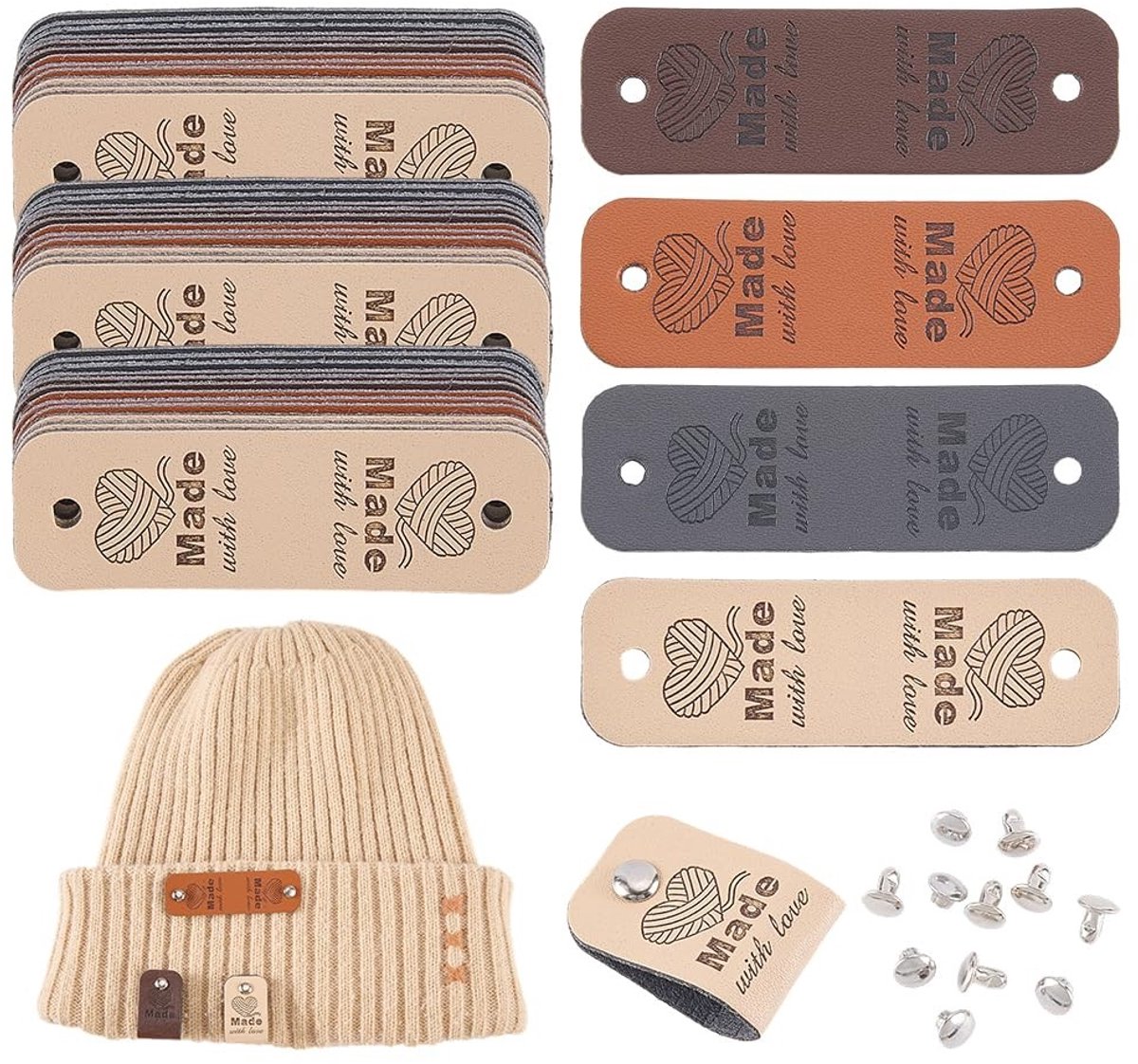 Dailygoods - WADORN 40 stuks 4 kleuren gepersonaliseerde lederen labels met klinknagels 6,56 x 2,5 cm handgemaakte gehaakte tags kunstleer breien etiketten met liefde tags leuke aangepaste labels voor doe-het-zelf